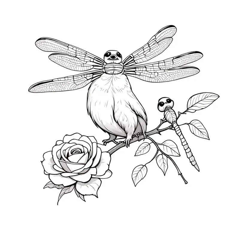 Baby Sloth Rose And Dragonfly Perched