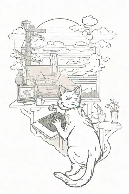 A Cat Playing A Video Game Under A Beautiful Sunset In Japan