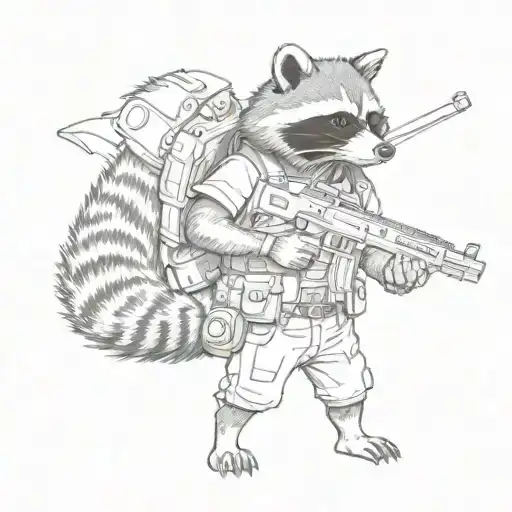 Raccoon Stands In Full Height With A Gun
