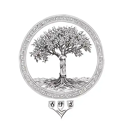 Goddess Athena Next To Olive Tree With Greek Symbols Underneath