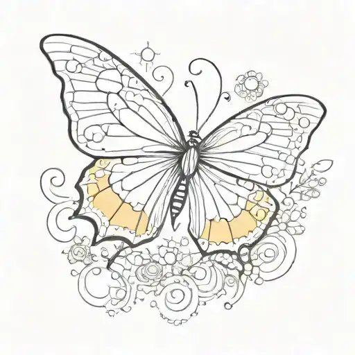 A Minimalist Black And White Outline Of A Yellow Butterfly With Intricate Dotwork Details