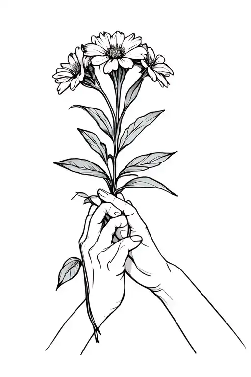 Fresia Flower Held By Holding Hands Hodling And On The Front Hand There Is Unconditional Love Symbol