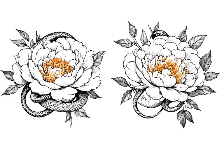 Snake In Peonies Flower Intertwined