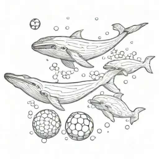 A Family Of Whales Swimming In A Sea Of Soccer Balls