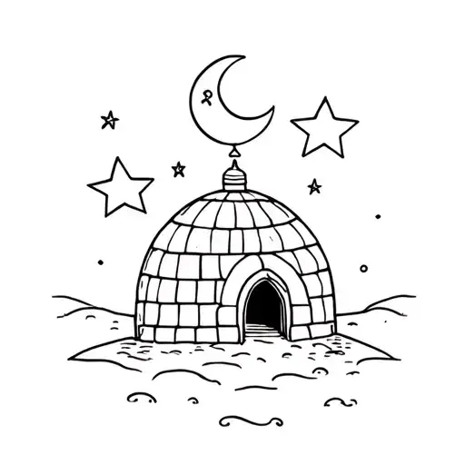 Igloo Only Outline With Half Moon And 3 Stars Above It