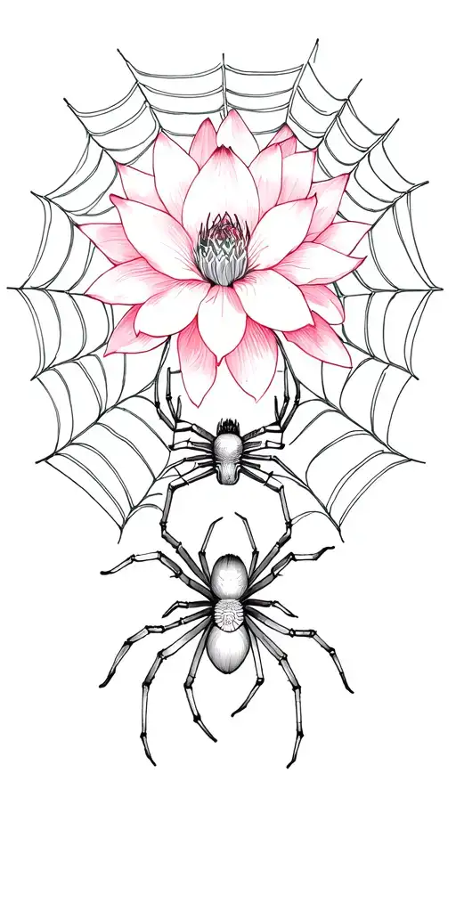 Web With Lotus Flowers And Spider