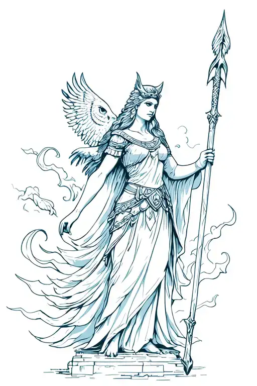 Athena Warrior Princess Holding Spear Above An Owl With Background Flowing