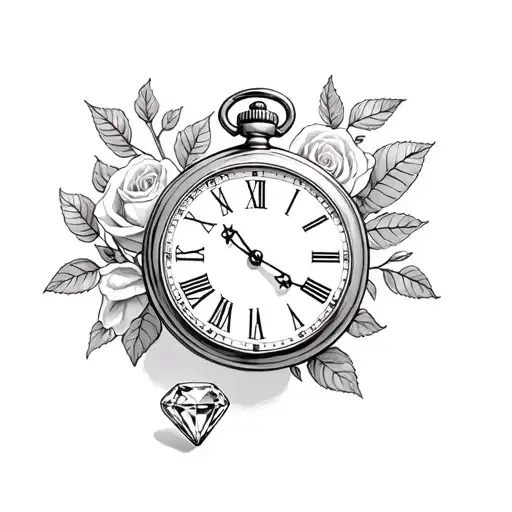 A Pocket Watch With A Diamond At The Bottom Right And A Rose Foil At The Top Right
