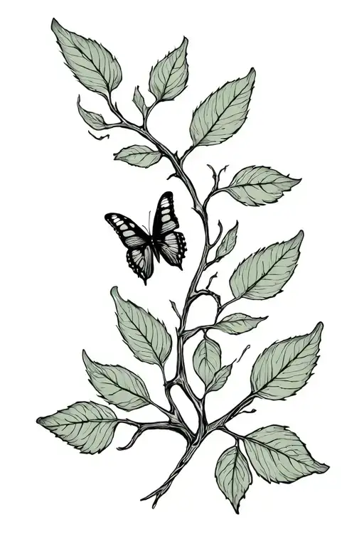 Branch With Leaves That Turns Around The Arm And A Butterfly On A Leaf