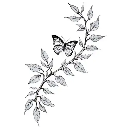 Branch With Lanceolate Leaves That Turns All Around The Arm And A Butterfly On A Leaf