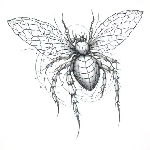 A Realistic Black-grey Tattoo Of Winged Spider