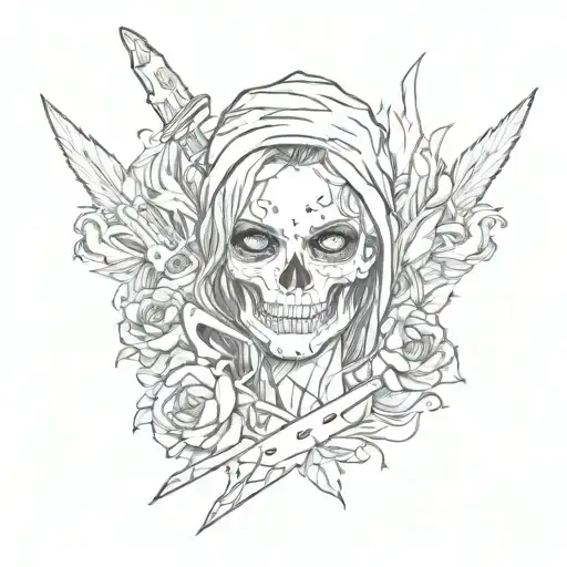 Skull Standing Hot Girl With Knife