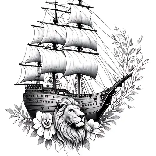 Pirate Ship Lion And Flowers Growing