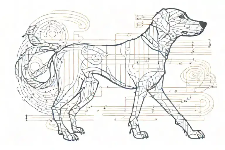 A Stylized Blackwork Tattoo Of A Music Sheet With A Dog Silhouette Incorporated Into The Design