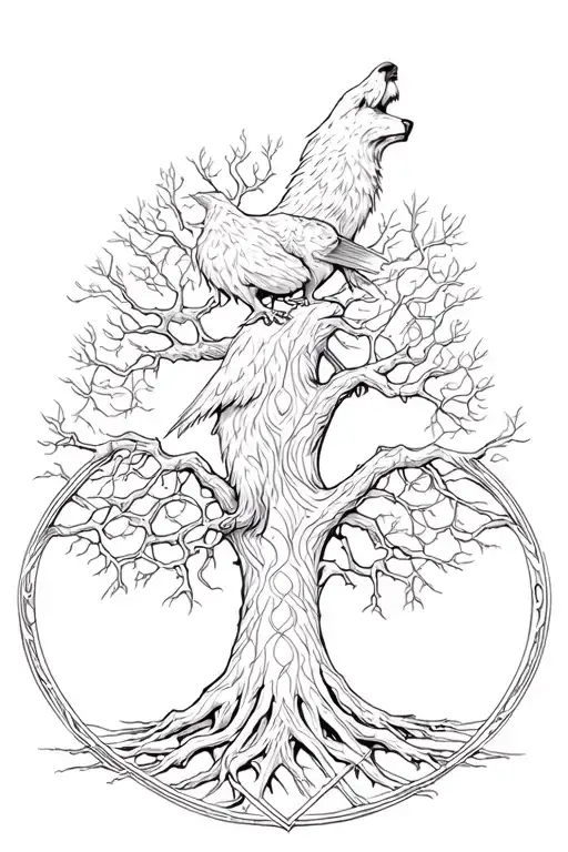 Optical Illusion Intertwining Vigvesir A Wolf Odin A Tree Of Life A Crow