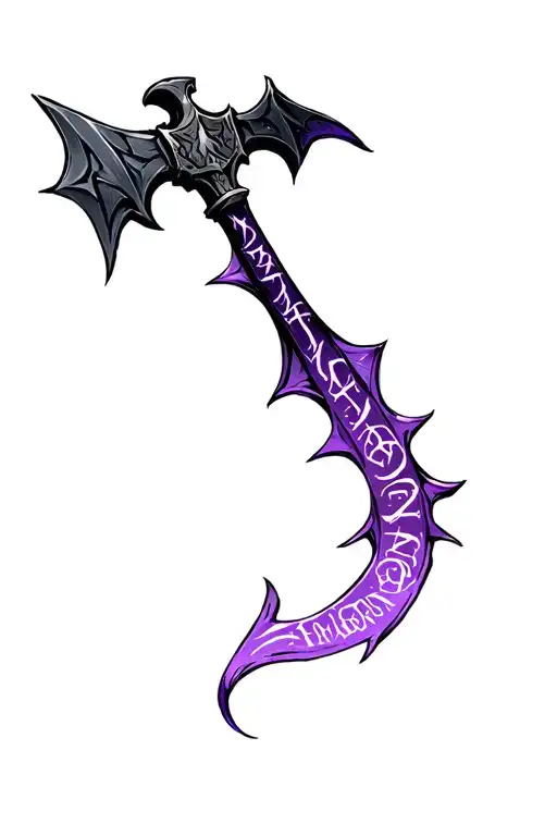 Dwarven Wing Bladed Axe Made With Black Steel With Purple Enchanted Letters Across The Blades