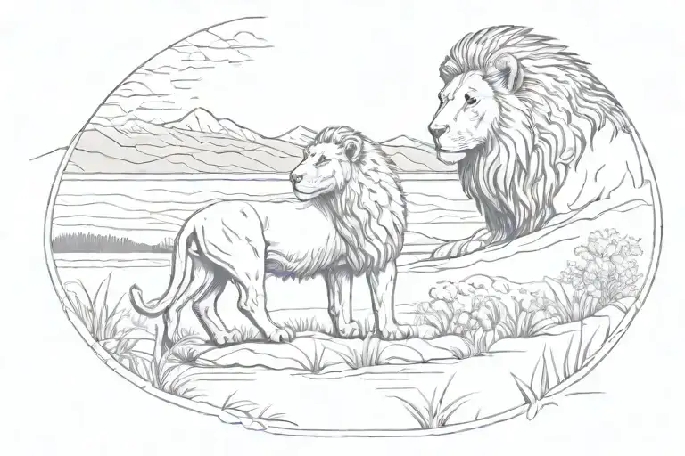 Lion And A Baby Sheep With Hills In The Background And Lake In The Foreground