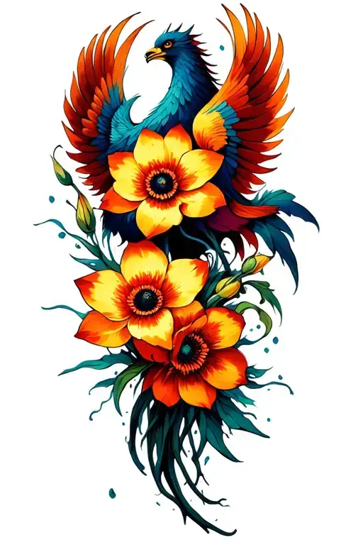 Psychedelic Poppy Daffodil Water Lily And Phoenix Rising