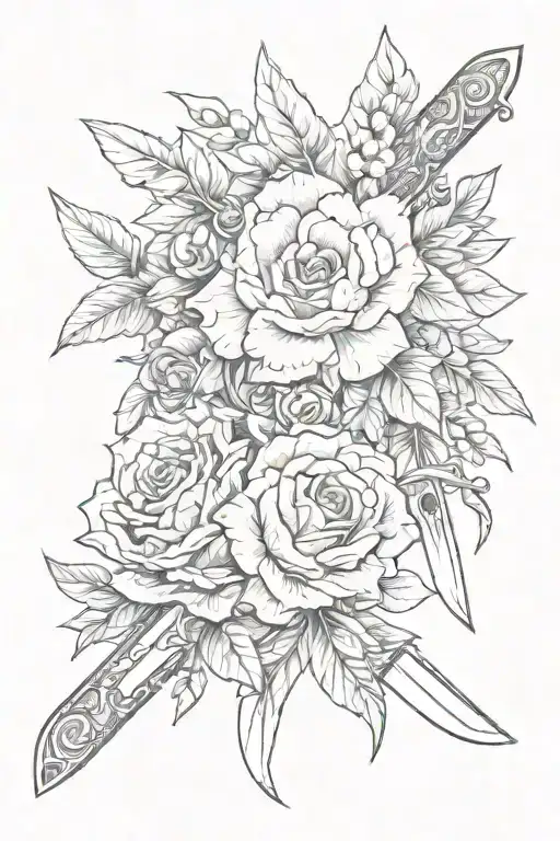 An Intricate Tattoo Design Combining Various Types Of Knives With Delicate Floral Elements