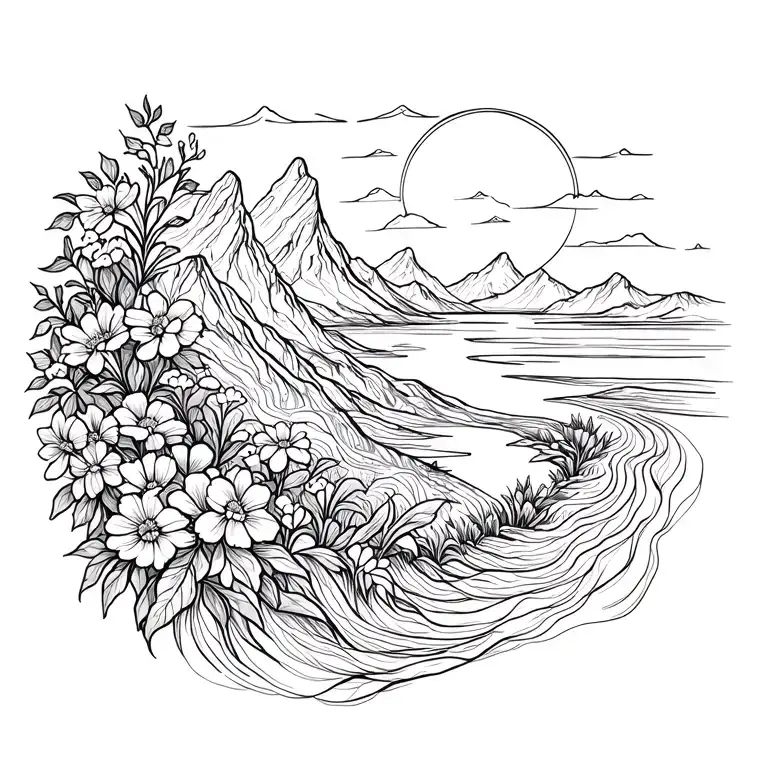 Sunrise Flowing Into Mountains And Flowers Growing
