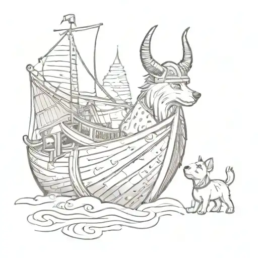 Viking Ship And Small Dog Sitting