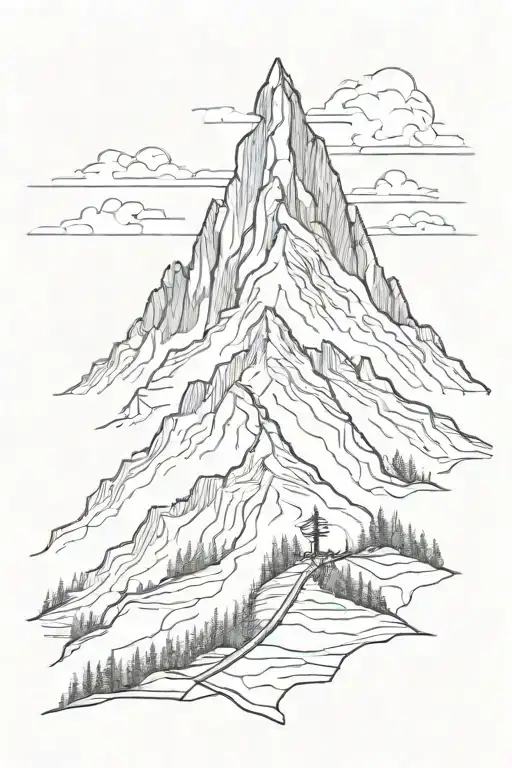 A Sketch Style Tattoo Of A Geometric Mountain Peak With A Hiking Trail Leading To The Summit