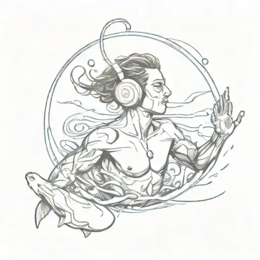 A Sketch Style Tattoo Of A Swimmer Listening To Music Underwater