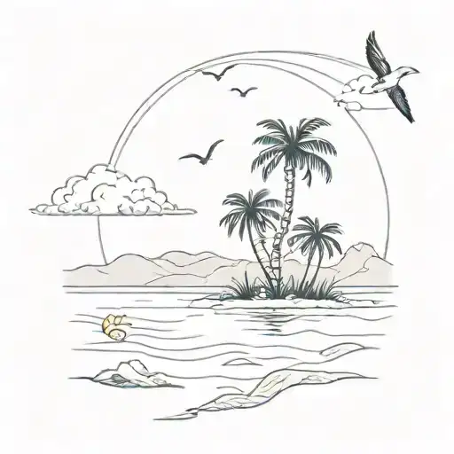 A Sketch-style Design Of A Palm Tree On A Deserted Island With Birds Circling Overhead