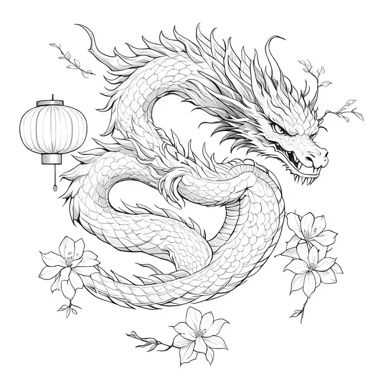 Japanese Dragon Wrapped Around Jasmine Flowers With Japanese Lanterns