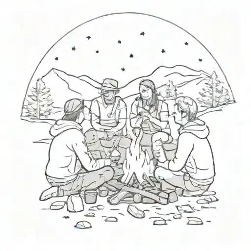 A Group Of Friends Around A Campfire Under A Starry Sky