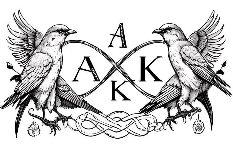 Family Tattoo With Birds And Infinity Symbol And The Letters A S K K