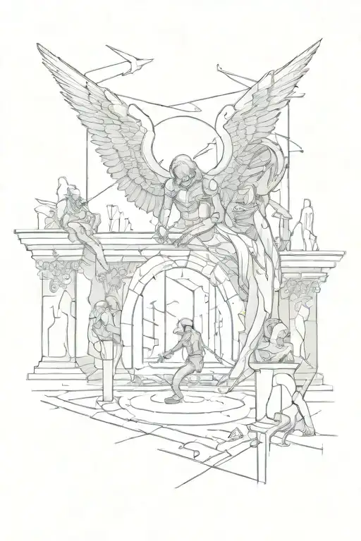 Angel Vs Deamon In Futuristic Place And Humans Watching