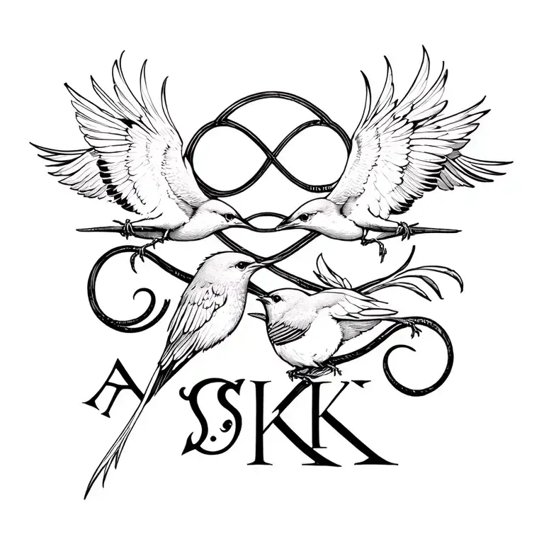 Family Tattoo With Small Birds And Infinity Symbol And The Letters A S K K