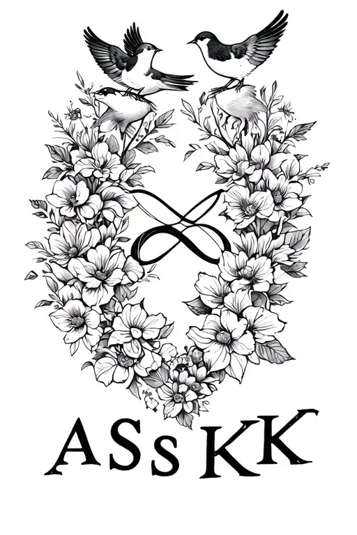 Family Tattoo With Little Birds And Infinity Symbol And The Letters A S K K