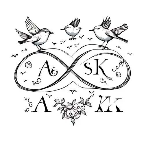 Family Tattoo With Little Birds And Infinity Symbol And The Letters A S K K