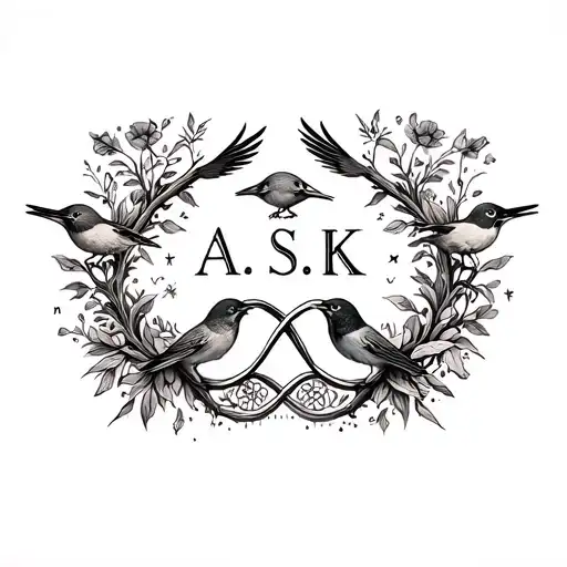 Family Tattoo With Little Birds And Infinity Symbol And The Letters A S K K