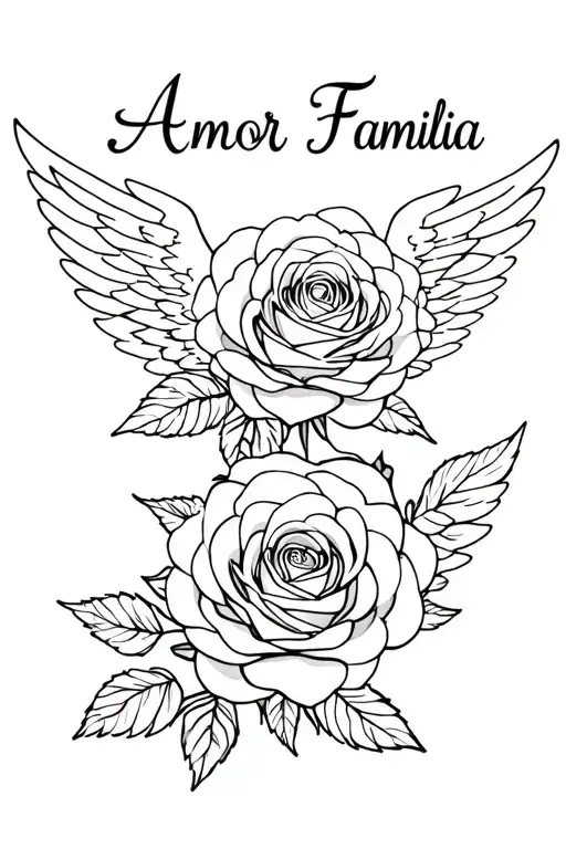 2 Large Roses With Graceful Angel Wings With The Text Amor Familia Like Realistic