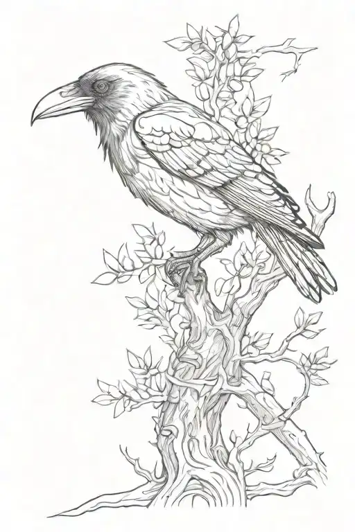 Raven Perched On Juniper Tree