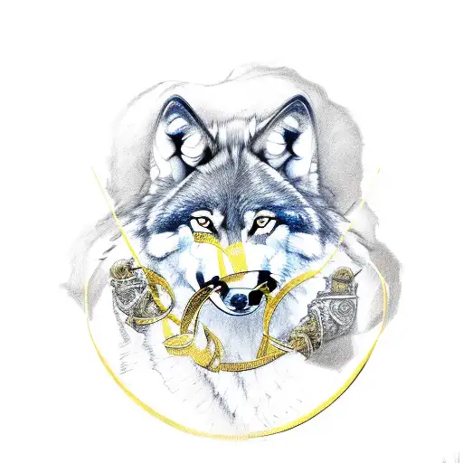 Wolf With Arms And Legs Tied With Golden Ribbon With Tyr's Hand In Its Mouth