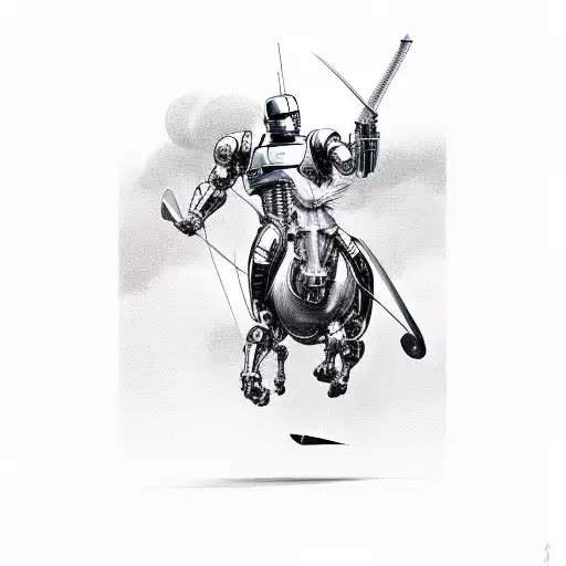 Robocop With Sword Riding A Stallion