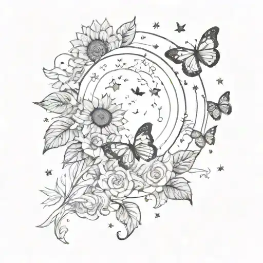 A Celestial Scene With A Sunflower Moon And Butterflies As Stars