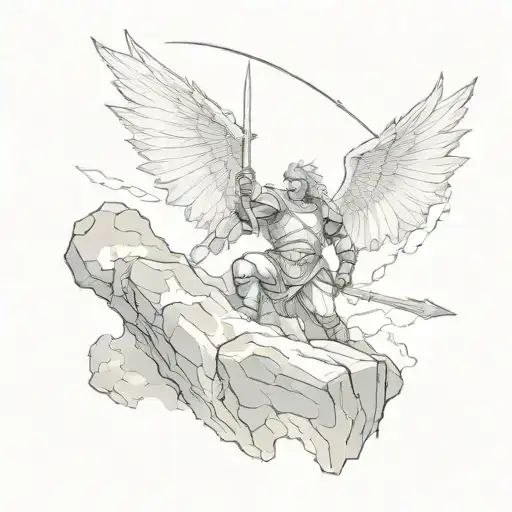 Archangel Slaying Dragon With Sword On Rock Against Stormy Sky