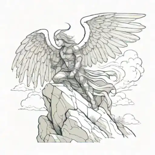 Archangel With A Dragon Sword On A Rock Against A Background Of A Stormy Sky