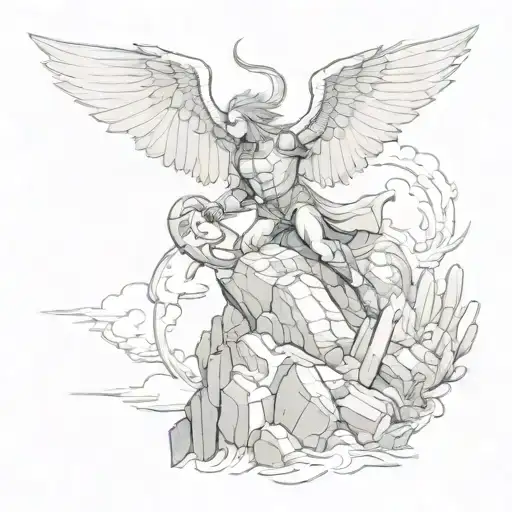 Archangel Slaying Dragon On Rock Against Stormy Sky