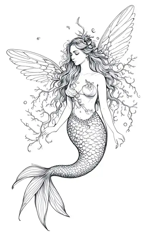 Mermaid With Vines Wrapping And Cicada Wings