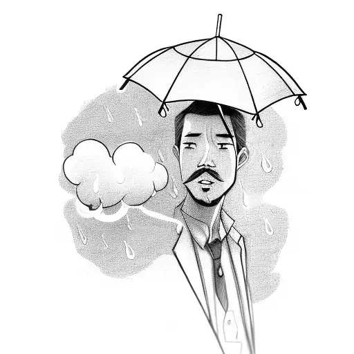 Man With Umbrella With Rain Cloud In The Distance With Small Lightning