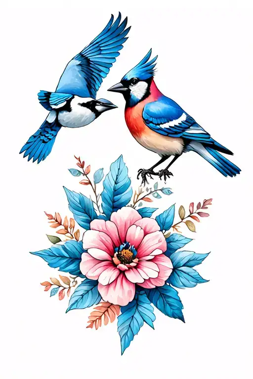 Blue Jay And Cardinal Flying Over May And September Birth Flower