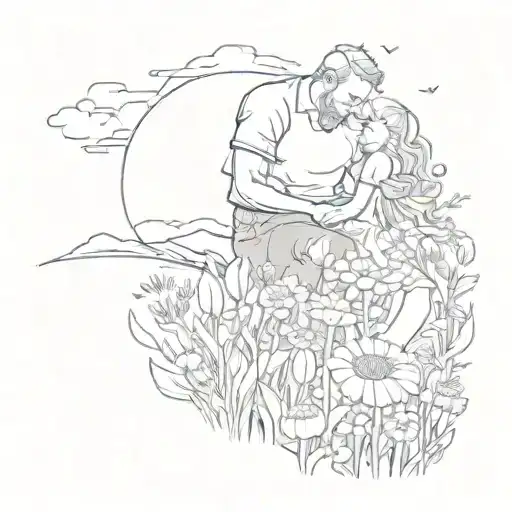 A Whimsical Scene Of A Father And Daughter Playing In A Field Of Flowers