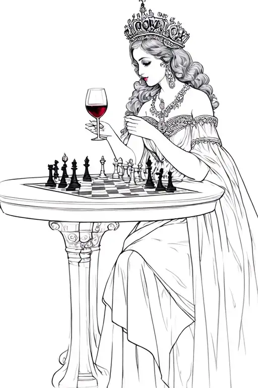 An Attractive Queen Holding A Wine Glass And Playing Chess Against The Grim Reaper