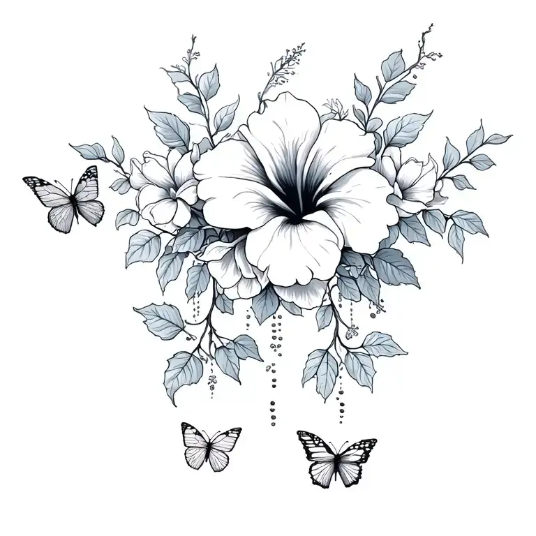 Roses With Hibiscus Flowers And Vines Coming Down The Spines With 4 Butterflies